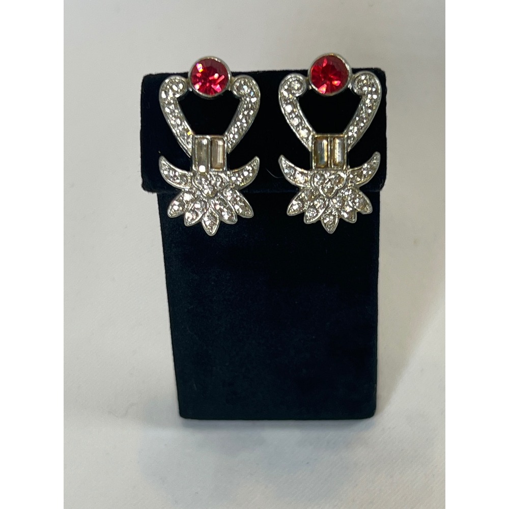 Vintage Silver Tone Ruby Red Rhinestone Screw Back Earrings Starburst Heart